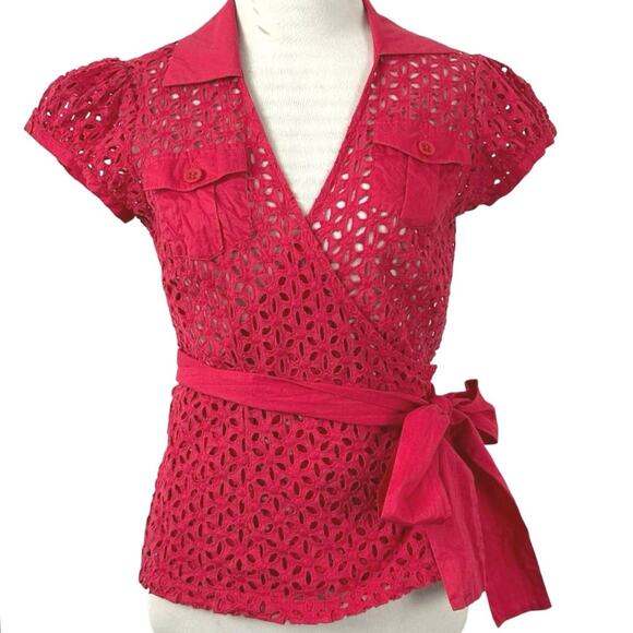 Moda International Women Eyelet Short Sleeve Wrap Top Pink Red Size XS/Small - Picture 1 of 10